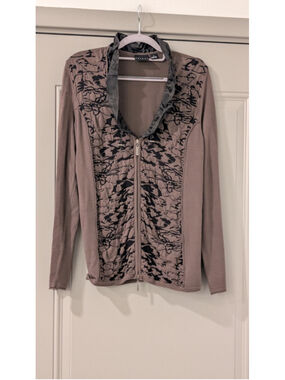 Tribal Brown Floral Zip Front Jacket Ruffle Collar Lightweight Cardigan Size M